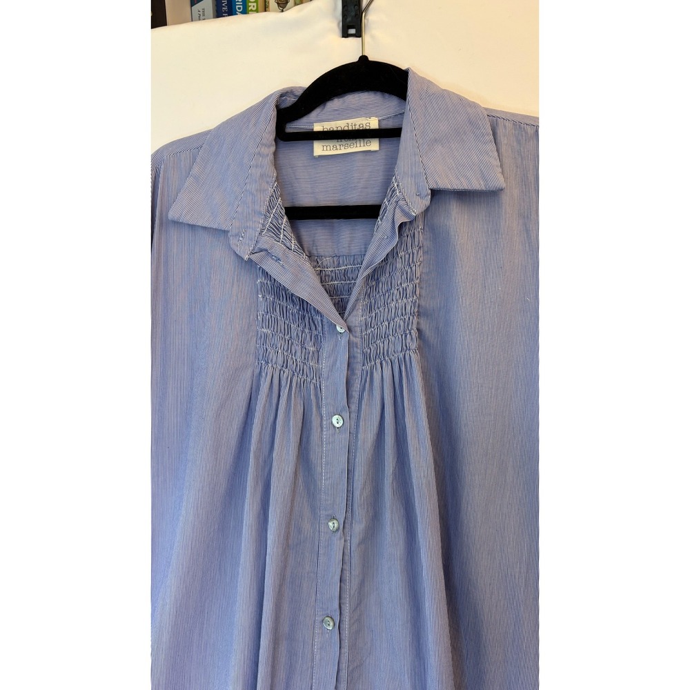 Banditas from Marseille Shirt Dress Maxi OS Blue Smocked Pinstripe OVERSIZED - Picture 2 of 11